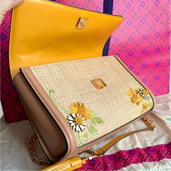 NWT Tory Burch Fleming in Napa Leather and Straw with embroidered floral detail - Picture 13 of 15